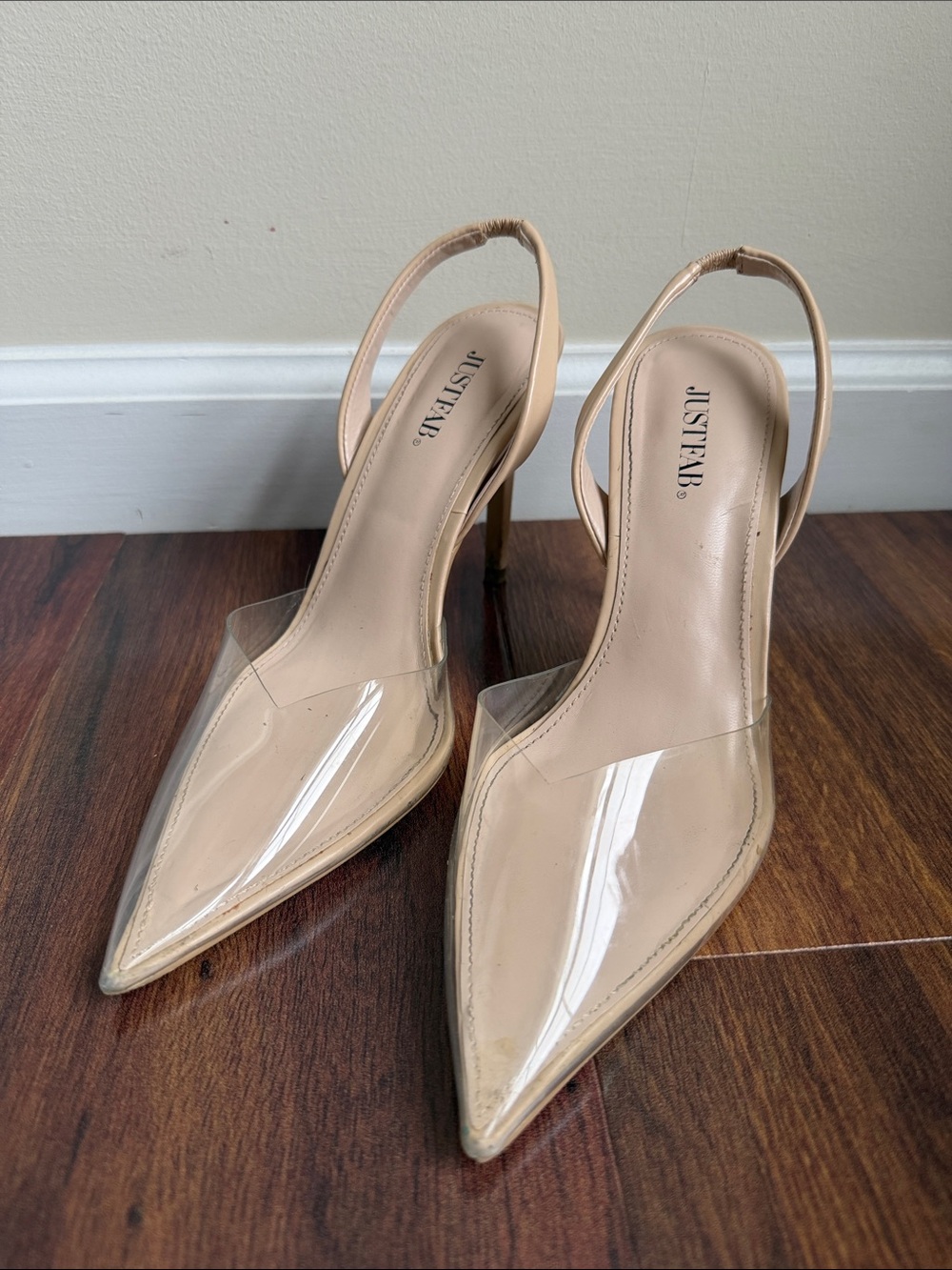 JustFab Clear Pointy Toe Nude 4” Sling Back Heels Womens 7
